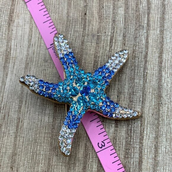 Starfish Ombre Blue Rhinestone Gold Tone Brooch Pin - Picture 7 of 8